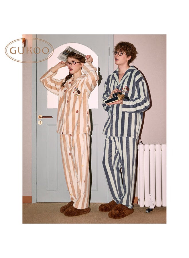 Gukoo Couple Pajamas Winter New Party Dog Stripe Warm Comfortable Women's Homewear Set Men's Apricot Yellow XL - Image 1