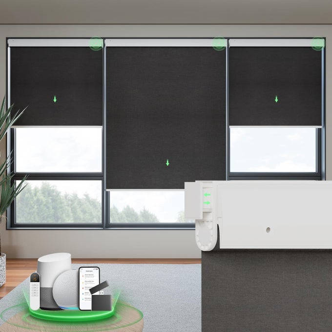 MOTORIZED BLINDS WITH REMOTE BLACKOUT NO DRILL CORDLESS SMART ROLLER SHADES AUTOMATIC BLINDS FOR WINDOWS BLACK29 W X 72 H