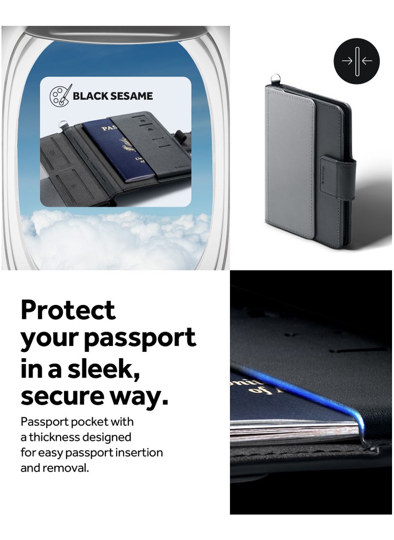 Caseology Nano Pop Passport Stand Holder RFID Blocking Secure Travel Documents Organizer Cover Premium Vegan Leather Card Slot Case with Magnetic Closure Sim Card Pin included - Black Sesame  - Image 2