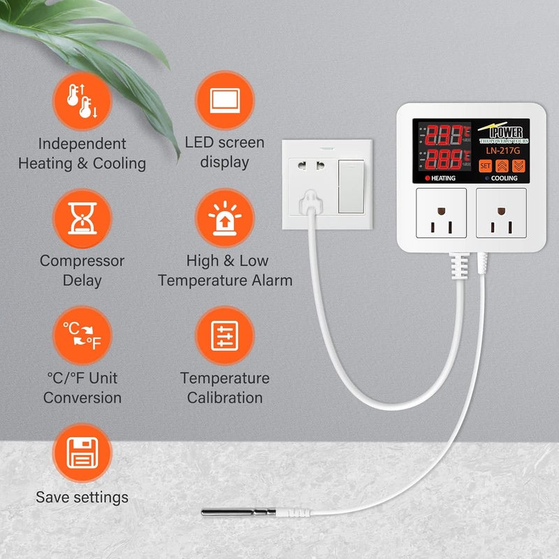 iPower 1200W Digital Thermostat Controller Heating Cooling 2 Stage Outlet for Reptiles Aquarium Homebrew Breeding Fermenter Seed Germination 58248F - Image 3