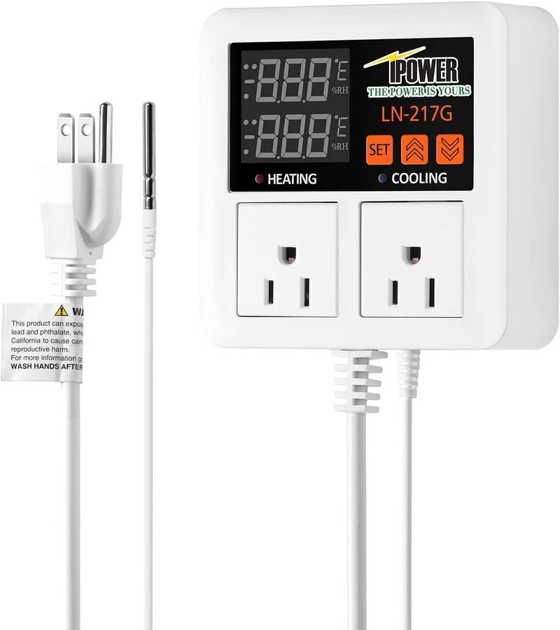 iPower 1200W Digital Thermostat Controller Heating Cooling 2 Stage Outlet for Reptiles Aquarium Homebrew Breeding Fermenter Seed Germination 58248F - Image 1