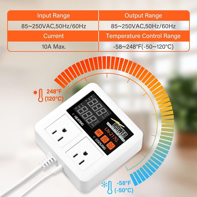 iPower 1200W Digital Thermostat Controller Heating Cooling 2 Stage Outlet for Reptiles Aquarium Homebrew Breeding Fermenter Seed Germination 58248F - Image 4