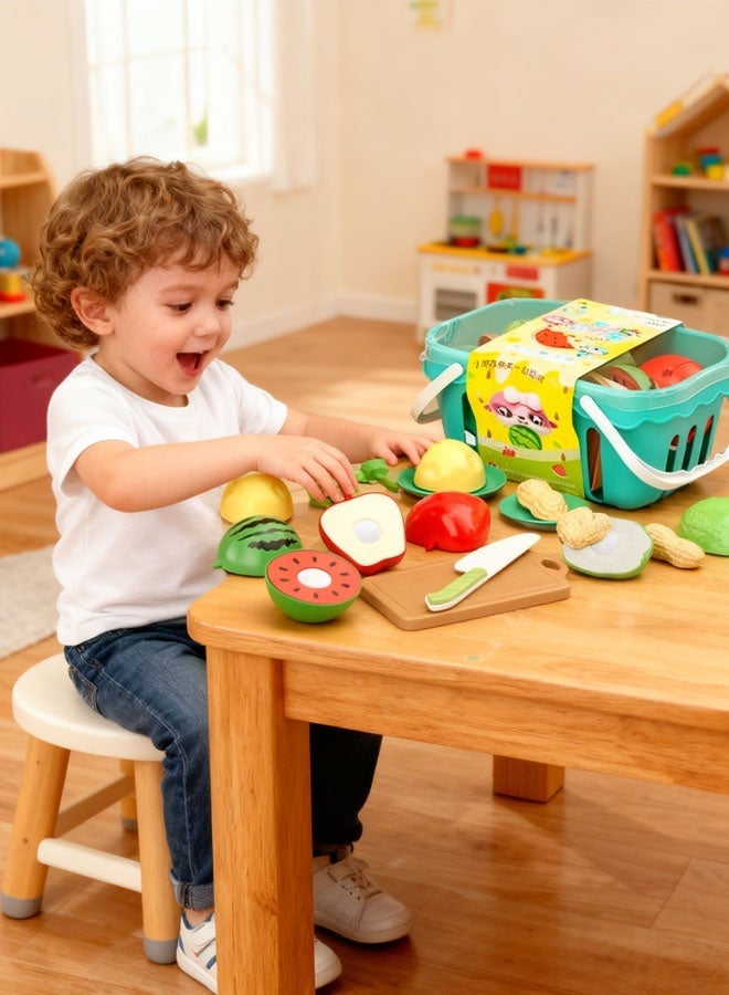 Cutting Play Food Toys For Kids, Pretend Play Kitchen Accessories, Fake Fruits/Vegetables Set With Shopping Storage Basket, Plastic Board And Knife, Birthday Gifts/Educational Toy For Toddler Children (17Pcs) - Image 3
