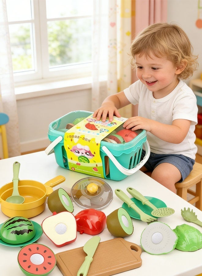 ألعاب تقطيع الطعام للأطفال، إكسسوارات مطبخ تظاهرية، مجموعة فواكه/خضروات مزيفة مع سلة تخزين للتسوق، لوح بلاستيكي وسكين، هدايا عيد ميلاد/لعبة تعليمية للأطفال الصغار (17 قطعة) - Image 3