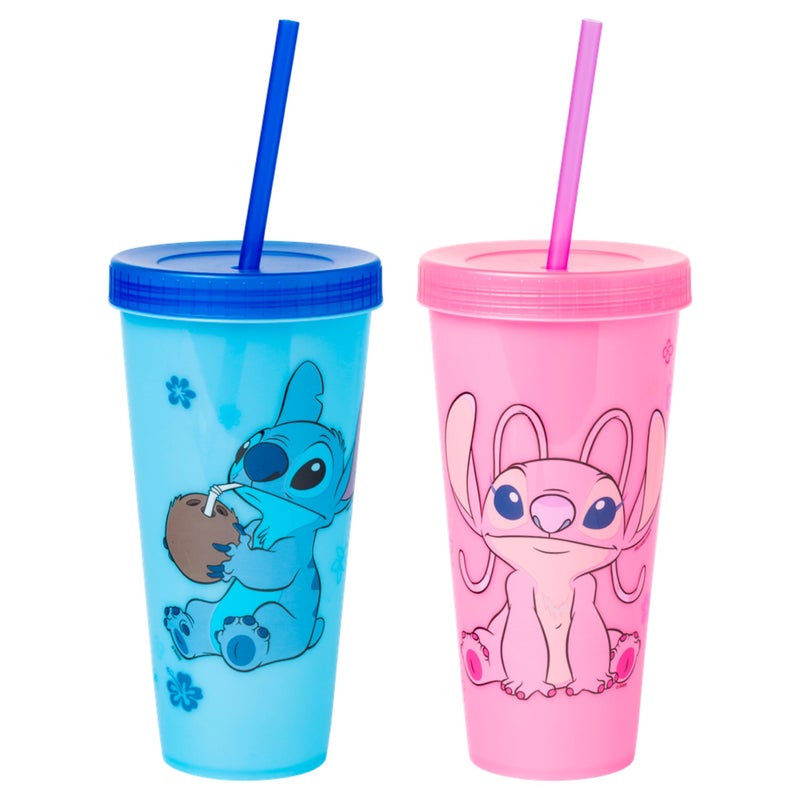 Silver Buffalo Disney Lilo and Stitch Angel Coconut Flowers 2 Pack Color Change Plastic Tumbler, 24-Ounce - Image 1