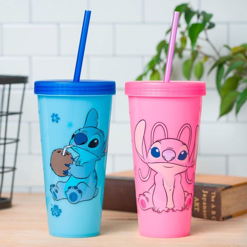 Silver Buffalo Disney Lilo and Stitch Angel Coconut Flowers 2 Pack Color Change Plastic Tumbler, 24-Ounce - Image 3