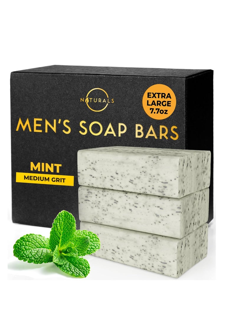 O Naturals O NATURALS 7.76 oz (3PC) Exfoliating Soap Bar with Dry Mint Leaves - Medium Grit Mens Soap - All Natural Exfoliation Bar Soap for Men - Mint Bar Soap - Face Soap Bar - Moisturizing Mens Face Bar Soap  - Image 1