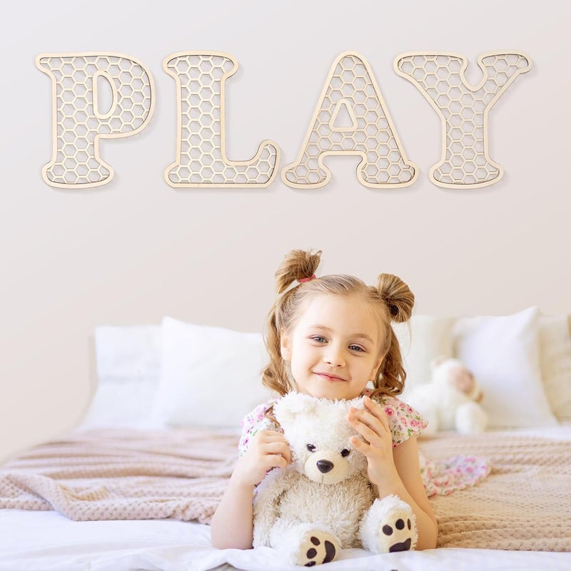 Play Sign  12 In Wooden Rattan Letters Playroom Sign Playroom Wall Decor for Toddler Girls Boys Play Room Wall Decor for Kids Playroom Nursery Room Decorations - Image 3