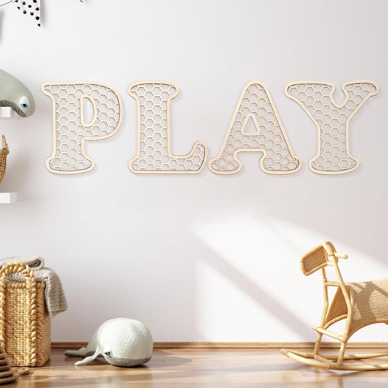 Play Sign  12 In Wooden Rattan Letters Playroom Sign Playroom Wall Decor for Toddler Girls Boys Play Room Wall Decor for Kids Playroom Nursery Room Decorations - Image 1