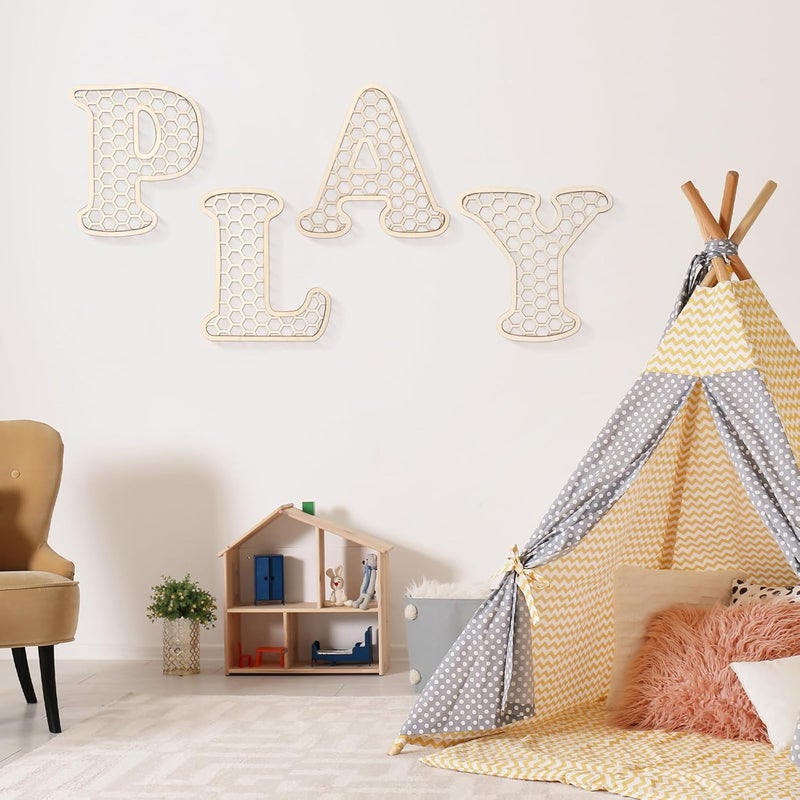 Play Sign  12 In Wooden Rattan Letters Playroom Sign Playroom Wall Decor for Toddler Girls Boys Play Room Wall Decor for Kids Playroom Nursery Room Decorations - Image 5