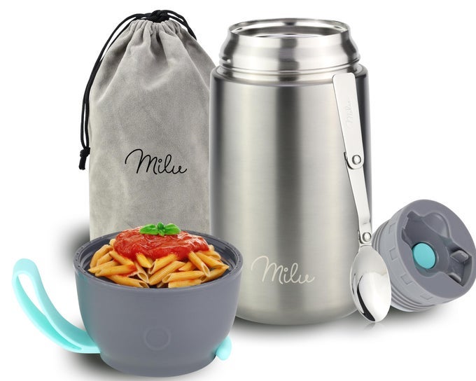 FOOD FLASK FOR HOT FOOD 800ML LEAKPROOF INSULATED STAINLESS STEEL THERMAL LUNCH BOX SOUP CONTAINER WITH SPOON BPAFREE TO GO MEAL PREP PORRIDGE GREY 800ML