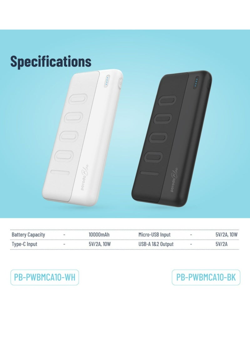 porodo Blue 10000mAh Slim Power Bank with Dual USB-A Output, Lightweight & Compact Design, Type-C Input, LED Indicator - White - Image 3
