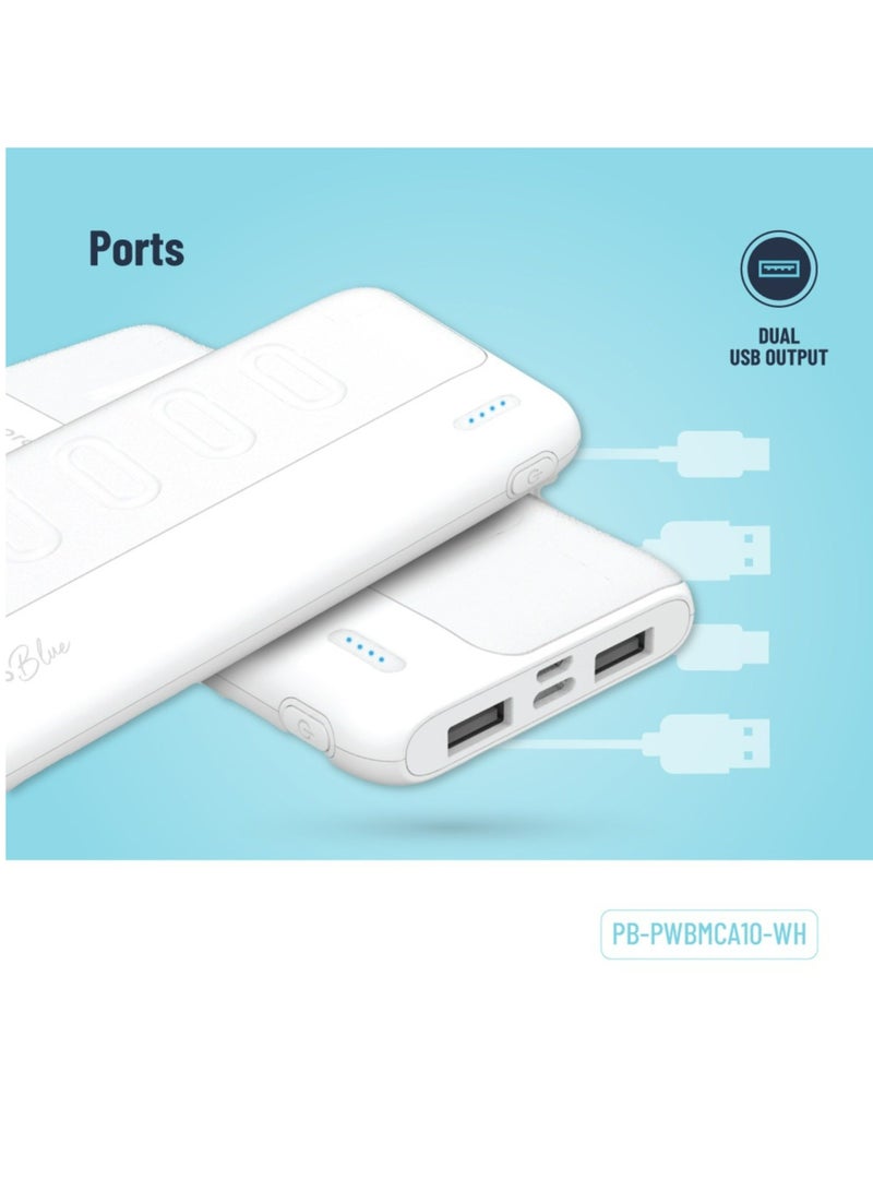 porodo Blue 10000mAh Slim Power Bank with Dual USB-A Output, Lightweight & Compact Design, Type-C Input, LED Indicator - White - Image 4
