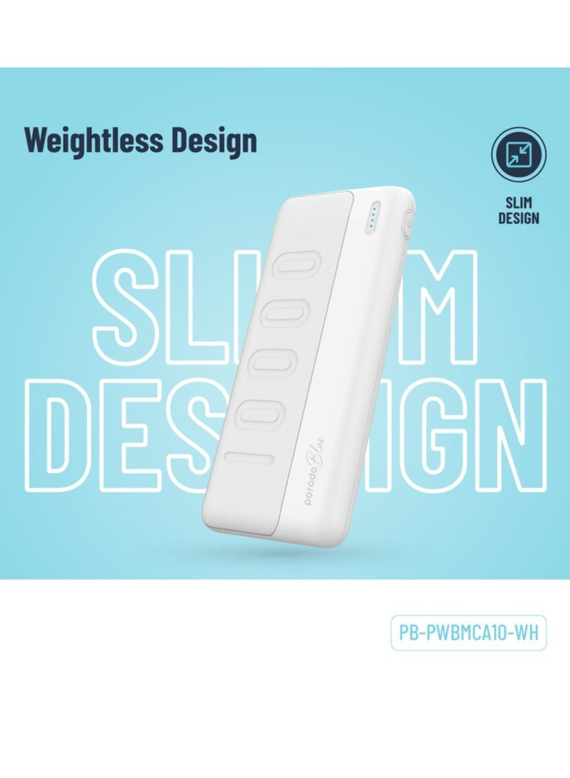 porodo Blue 10000mAh Slim Power Bank with Dual USB-A Output, Lightweight & Compact Design, Type-C Input, LED Indicator - White - Image 5