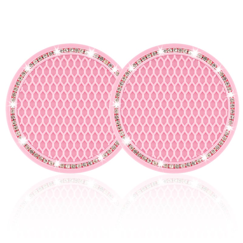 JUSTTOP Car Cup Holder Coaster, 2 Pack Universal Auto Anti Slip Cup Holder Insert Coaster, Bling Crystal Rhinestone Car Interior Accessories-Pink - Image 1