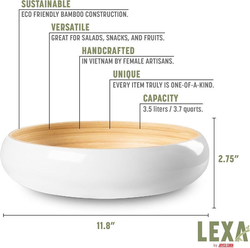 LEXA 12" Handmade White Bamboo Wooden Fruit Bowl for Kitchen Counter - 130 oz Lightweight Large Bamboo Wood Salad Bowl - Image 2