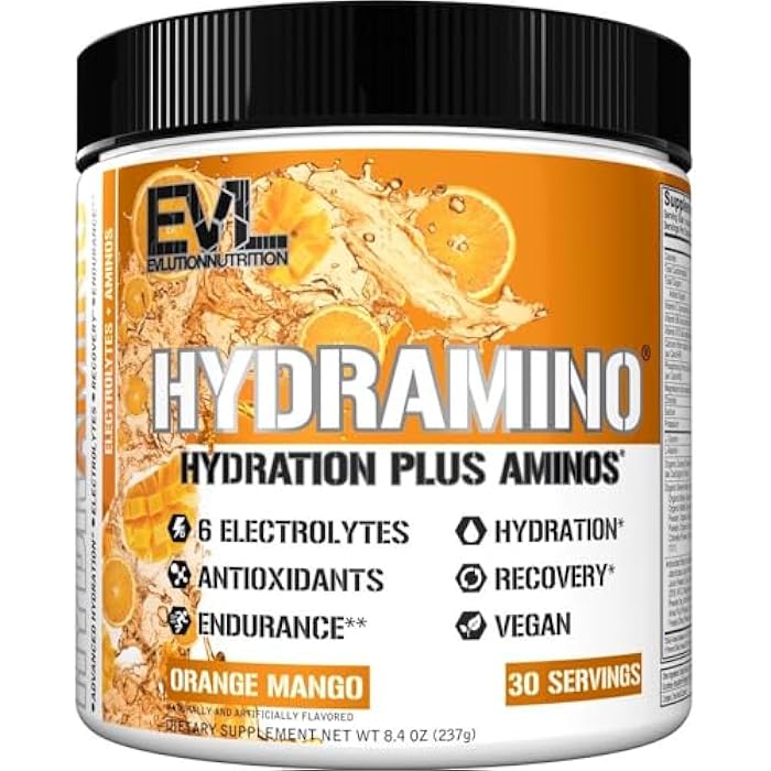 Evlution Nutrition HYDRAMINO Complete Hydration Multiplier, All 6 Electrolytes, Vitamin C & B, Fluid Boosting Aminos, Coconut Water, Endurance, Recovery, Antioxidants, 30 Serve, Orange Mango - Image 1
