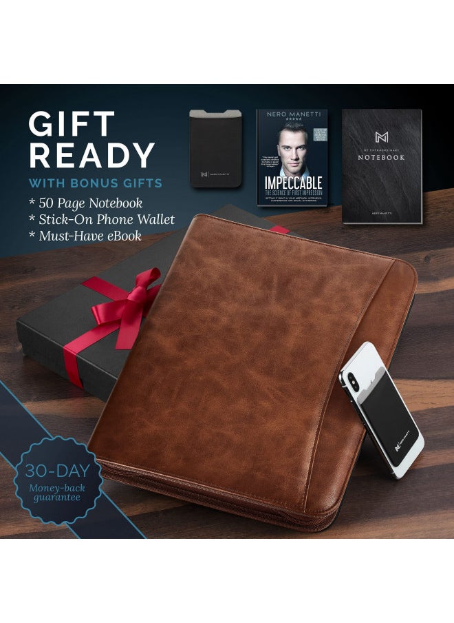 NERO MANETTI NERO MANETTI- Zippered Vegan Leather Padfolio/Portfolio Pad Holder-Business PU Leather Notepad Folder for Resumes, Interviews, iPad/Tablet, Phone, Legal Pad Notebook Executive Binder for Women, Men  - Image 1