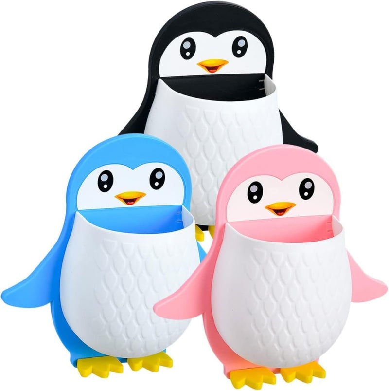 BLINE Toothbrush Holder Storage Organizer for Bathroom Wall Mounted Penguin Shape with Self Adhesive Stick Multipurpose Wall Shelves Plastic - Image 1