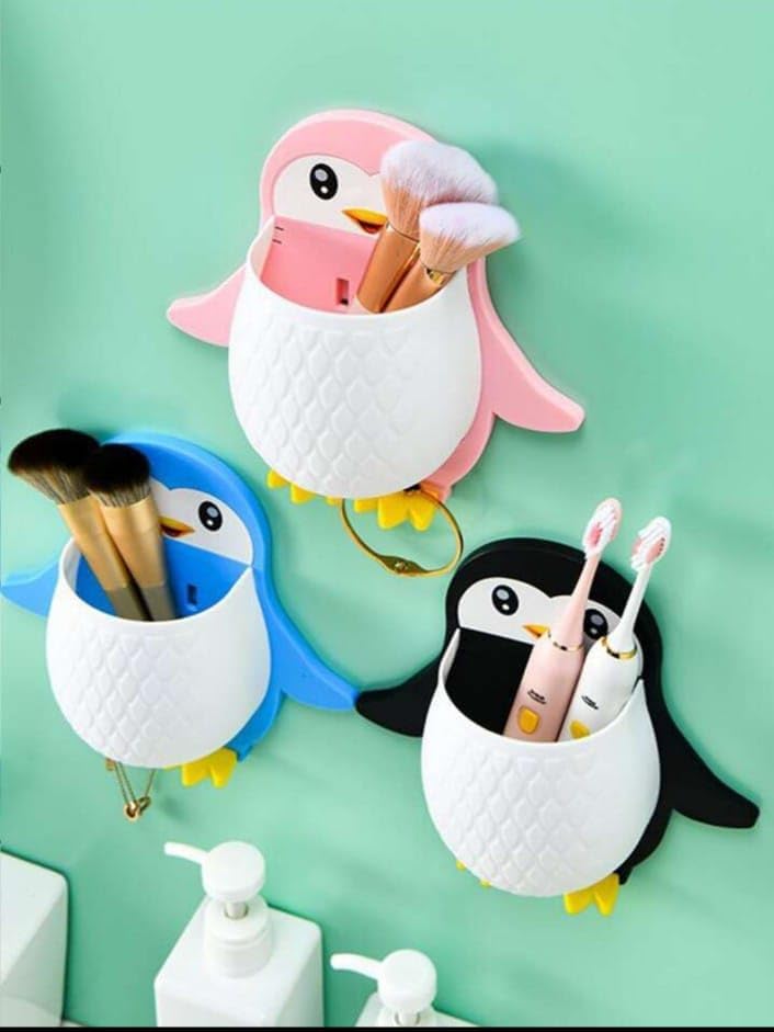 BLINE Toothbrush Holder Storage Organizer for Bathroom Wall Mounted Penguin Shape with Self Adhesive Stick Multipurpose Wall Shelves Plastic - Image 4