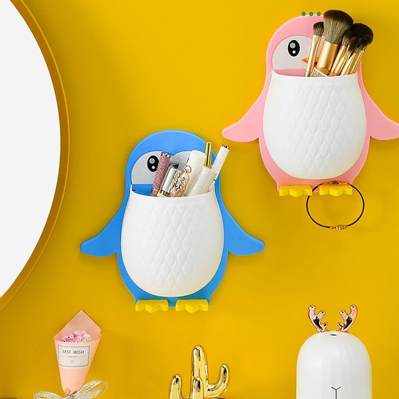 BLINE Toothbrush Holder Storage Organizer for Bathroom Wall Mounted Penguin Shape with Self Adhesive Stick Multipurpose Wall Shelves Plastic - Image 5