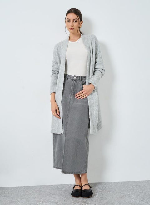 Styli Grey Longline Cardigan with Patch Pocket