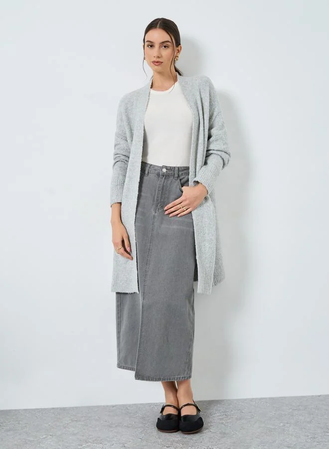 Styli Styli Grey Longline Cardigan with Patch Pocket