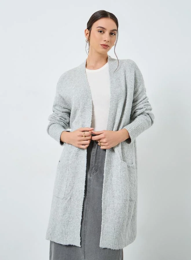 Styli Styli Grey Longline Cardigan with Patch Pocket