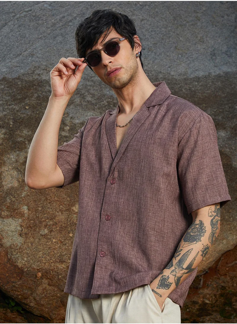 كامبوس سوترا Campus Sutra Men's Brown Stone Heathered Korean Oversized Shirt For Casual Wear | Lapel Collar | Short Sleeve | Button Closure | Oversized Shirt Crafted With Comfort Fit For Everyday Wear