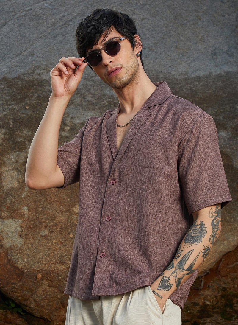 Campus Sutra Campus Sutra Men's Brown Stone Heathered Korean Oversized Shirt For Casual Wear | Lapel Collar | Short Sleeve | Button Closure | Oversized Shirt Crafted With Comfort Fit For Everyday Wear  - Image 1