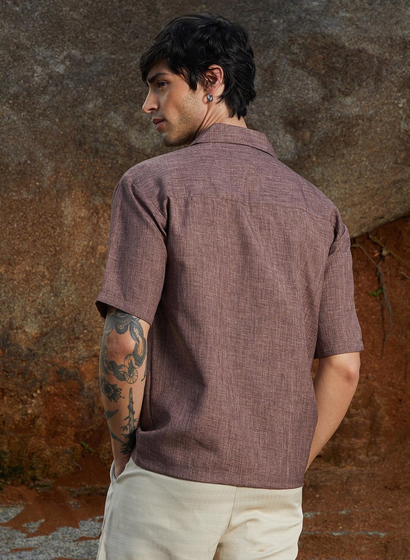 Campus Sutra Campus Sutra Men's Brown Stone Heathered Korean Oversized Shirt For Casual Wear | Lapel Collar | Short Sleeve | Button Closure | Oversized Shirt Crafted With Comfort Fit For Everyday Wear  - Image 3