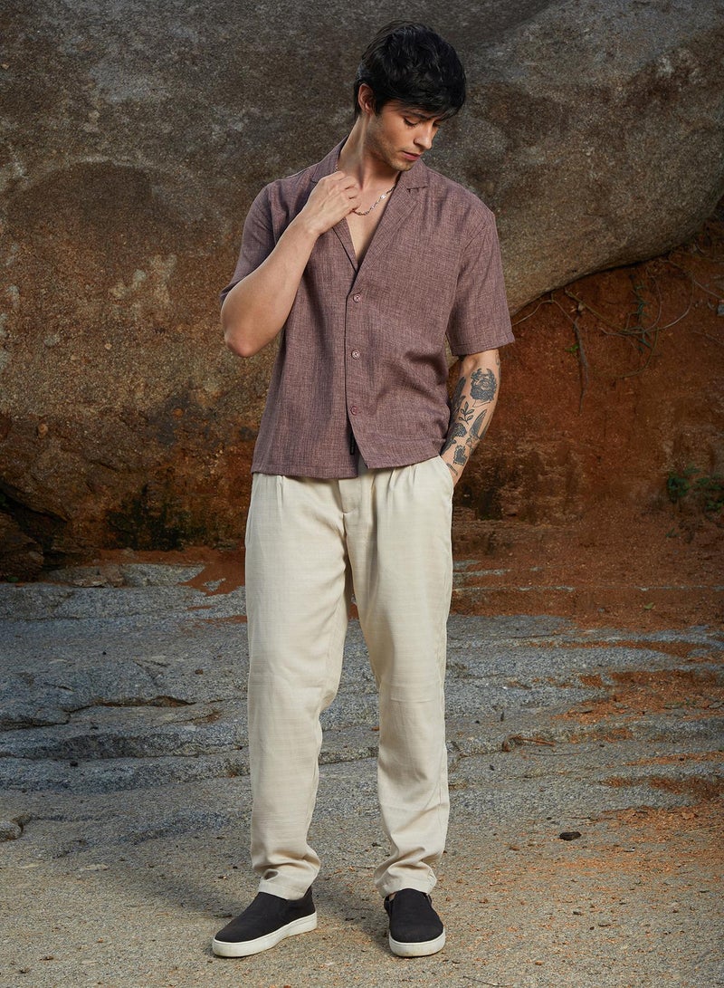 Campus Sutra Campus Sutra Men's Brown Stone Heathered Korean Oversized Shirt For Casual Wear | Lapel Collar | Short Sleeve | Button Closure | Oversized Shirt Crafted With Comfort Fit For Everyday Wear  - Image 5