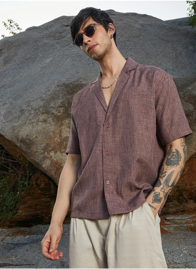 كامبوس سوترا Campus Sutra Men's Brown Stone Heathered Korean Oversized Shirt For Casual Wear | Lapel Collar | Short Sleeve | Button Closure | Oversized Shirt Crafted With Comfort Fit For Everyday Wear
