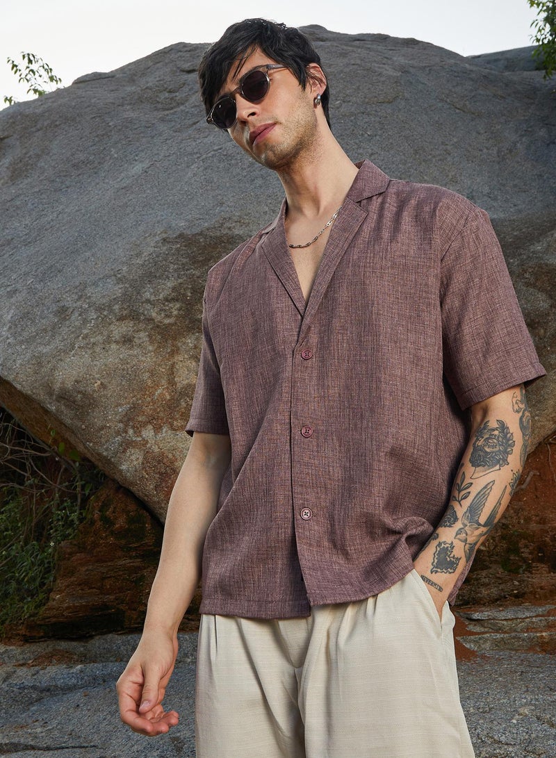 Campus Sutra Campus Sutra Men's Brown Stone Heathered Korean Oversized Shirt For Casual Wear | Lapel Collar | Short Sleeve | Button Closure | Oversized Shirt Crafted With Comfort Fit For Everyday Wear  - Image 2