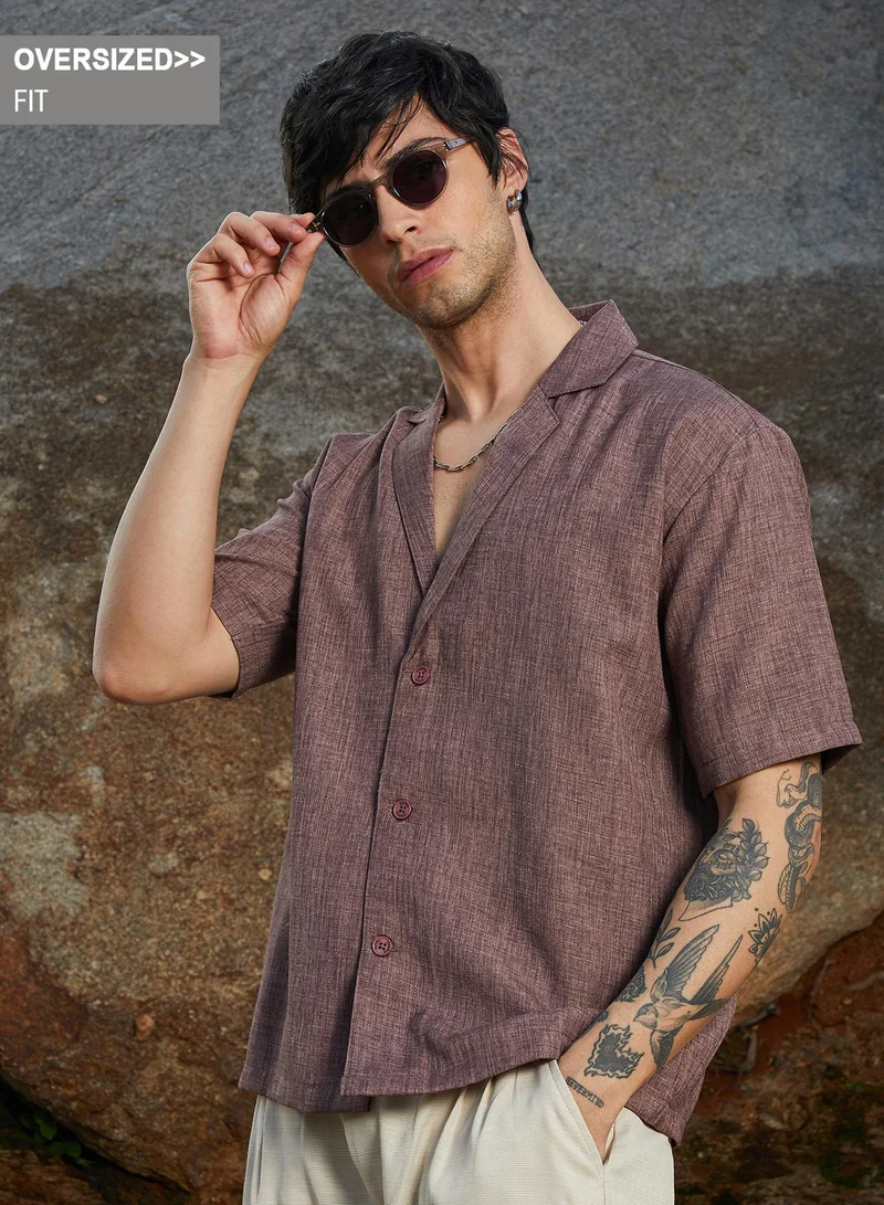 Campus Sutra Campus Sutra Men's Brown Stone Heathered Korean Oversized Shirt For Casual Wear | Lapel Collar | Short Sleeve | Button Closure | Oversized Shirt Crafted With Comfort Fit For Everyday Wear