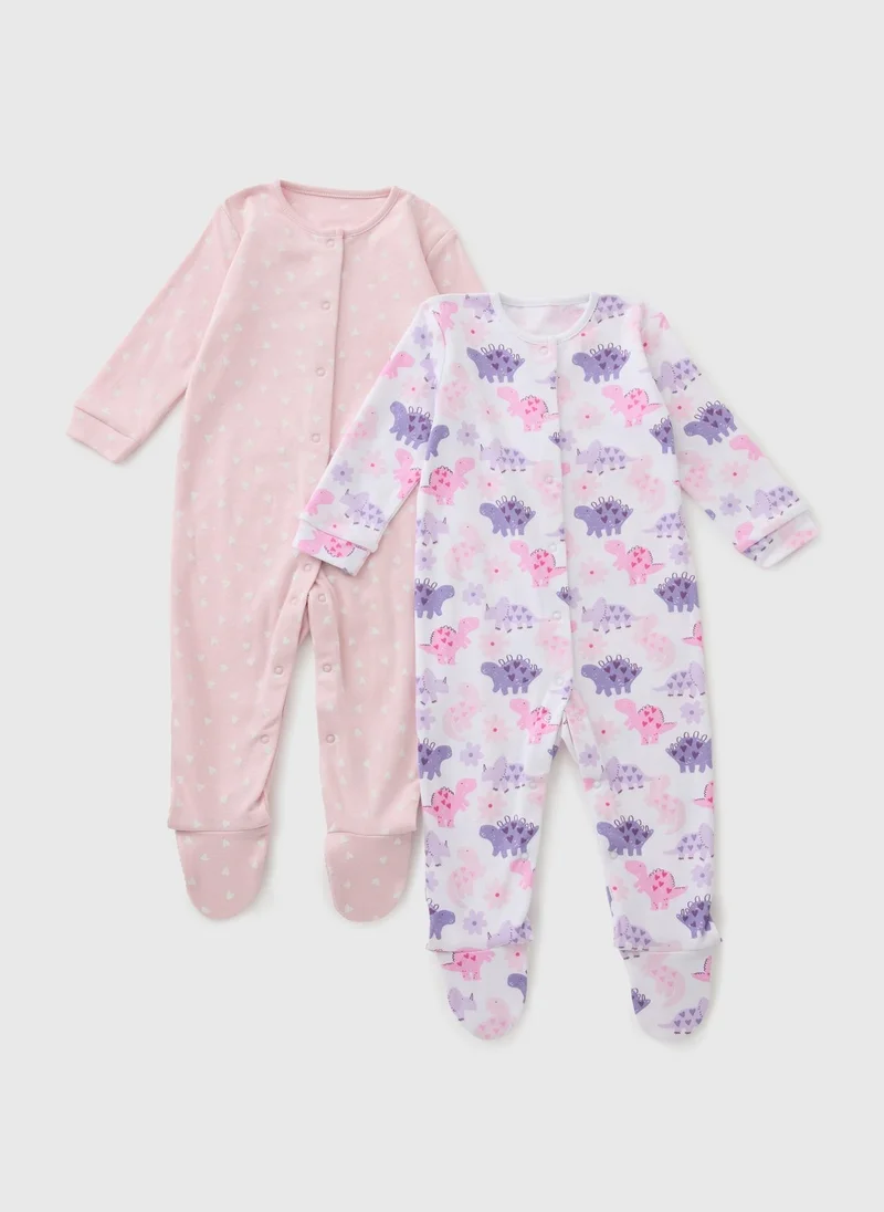 Matalan Baby 2 Pack Pink Dinosaur Sleepsuit