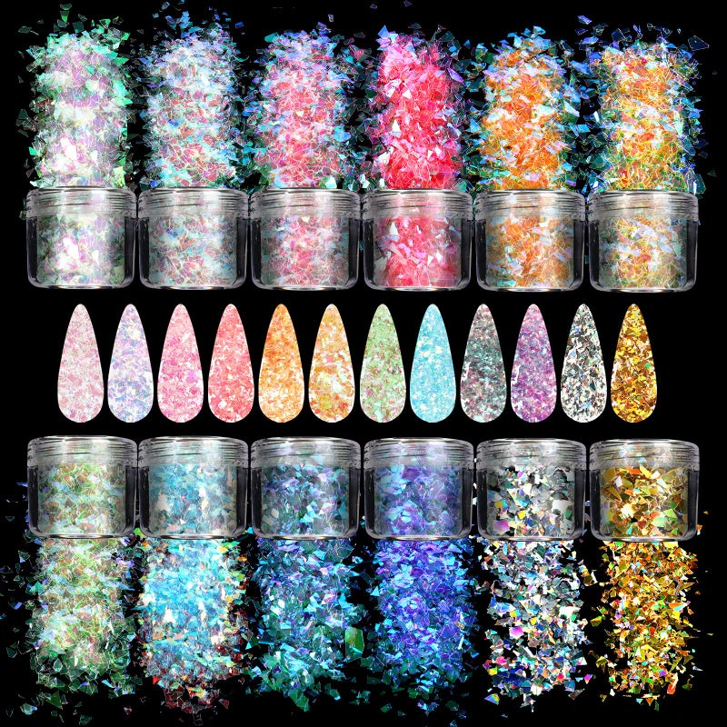 Allstarry 12 Colors Mermaid Nail Chunky Glitter Ultra-Thin Fluorescent Glass Paper Irregular Iridescent Sequin Flakes Glitters Sticker for Nails Art Decoration Hair Eyes Face Body DIY Craft - Image 1
