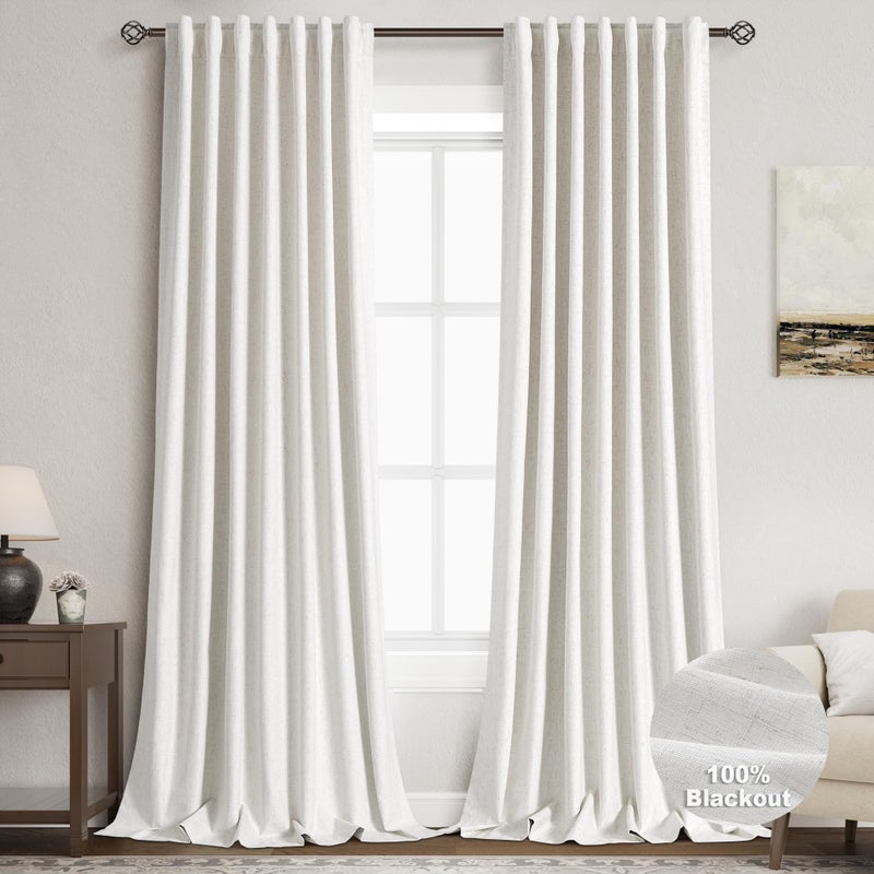 Nanspring Natural Linen 100% Black Out Curtains 108 Inches Long 2 Panels Set for Bedroom Cream Ivory Pinch Pleated Thermal Insulated Energy Efficient Curtains Living Room High Ceiling Length 9 FT Feet - Image 1