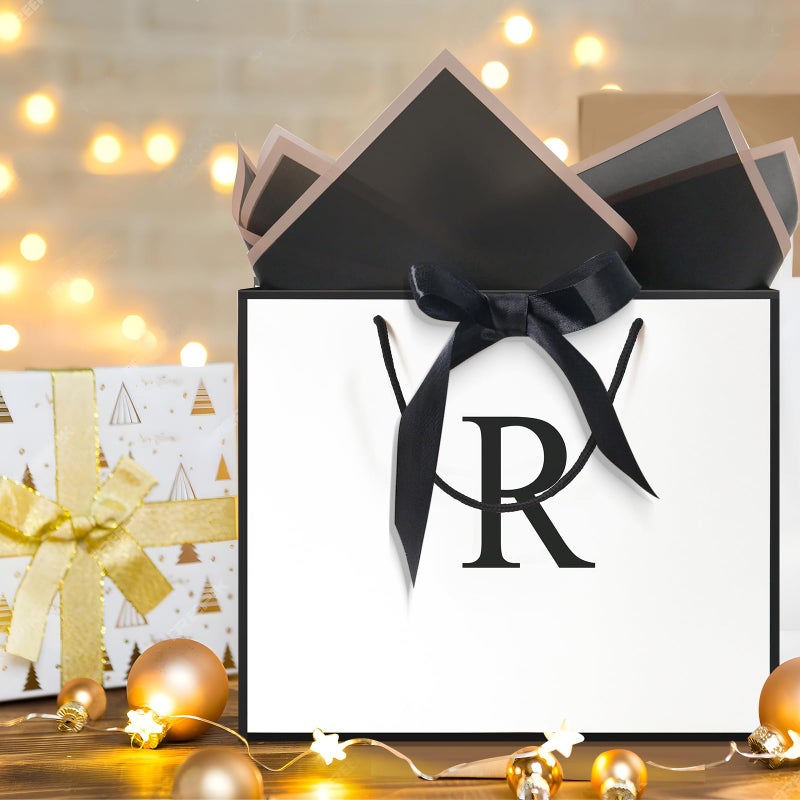 QLSKO Monogrammed Gift Wrap Bag Personalized Initial Paper Bag with Card Matching Envelope Sticker,Bow Ribbon and Wrapping Tissue Birthday Gifts for Women Men (White, R-Medium) - Image 5
