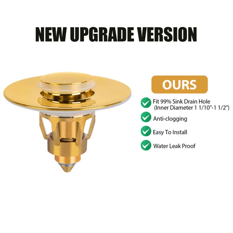 Three Colors Bathroom Sink Stopper  1.1-1.5"" Bathroom Sink Drain Strainer  Universal Washbasin Pop Up Drain Stopper  Bounce Core Push Type Sink Plug  Anti-Clogging  Stainless Steel (Gold 1Pcs) - Image 3