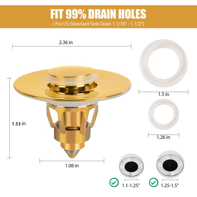 Three Colors Bathroom Sink Stopper  1.1-1.5"" Bathroom Sink Drain Strainer  Universal Washbasin Pop Up Drain Stopper  Bounce Core Push Type Sink Plug  Anti-Clogging  Stainless Steel (Gold 1Pcs) - Image 4
