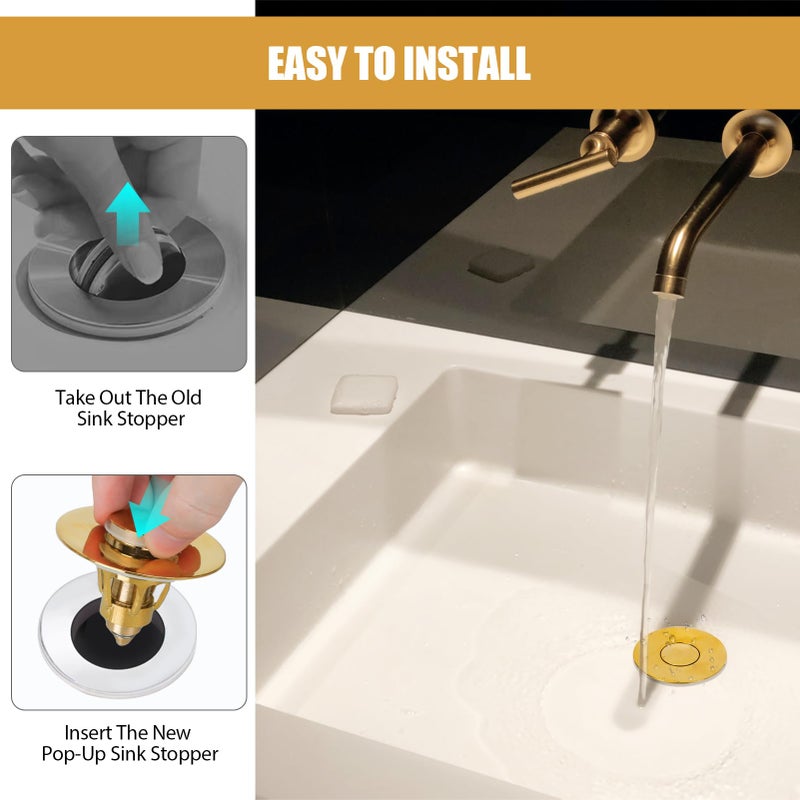 Three Colors Bathroom Sink Stopper  1.1-1.5"" Bathroom Sink Drain Strainer  Universal Washbasin Pop Up Drain Stopper  Bounce Core Push Type Sink Plug  Anti-Clogging  Stainless Steel (Gold 1Pcs) - Image 5