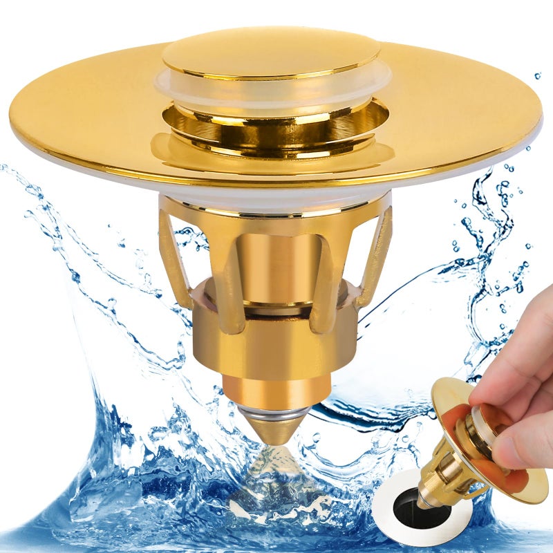 Three Colors Bathroom Sink Stopper  1.1-1.5"" Bathroom Sink Drain Strainer  Universal Washbasin Pop Up Drain Stopper  Bounce Core Push Type Sink Plug  Anti-Clogging  Stainless Steel (Gold 1Pcs) - Image 1