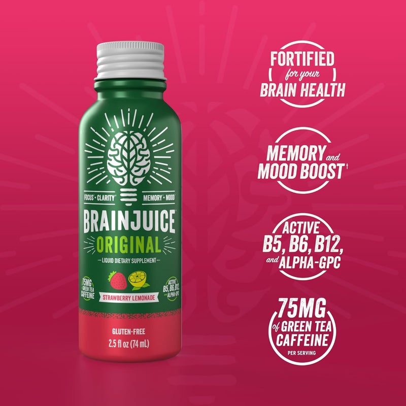 BrainJuice Energy  Focus Shot Gluten Free Supplement Healthy Drinks with Alpha GPC Vitamin B  Organic Green Tea Extract Caffeine Strawberry Lemonade 25 fl oz 12 Pack - Image 2