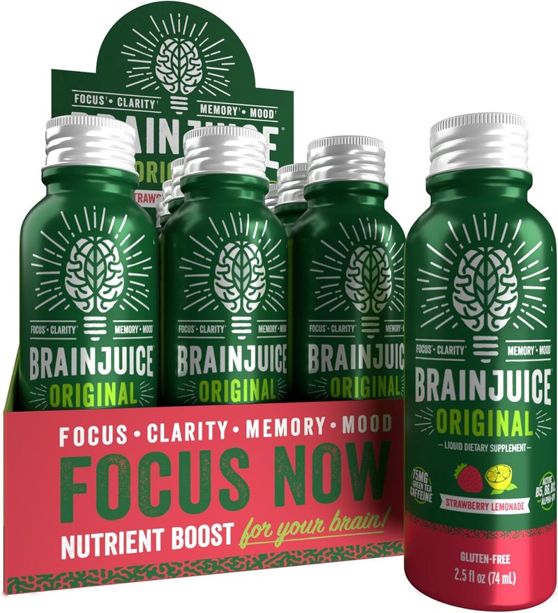 BrainJuice Energy  Focus Shot Gluten Free Supplement Healthy Drinks with Alpha GPC Vitamin B  Organic Green Tea Extract Caffeine Strawberry Lemonade 25 fl oz 12 Pack - Image 1