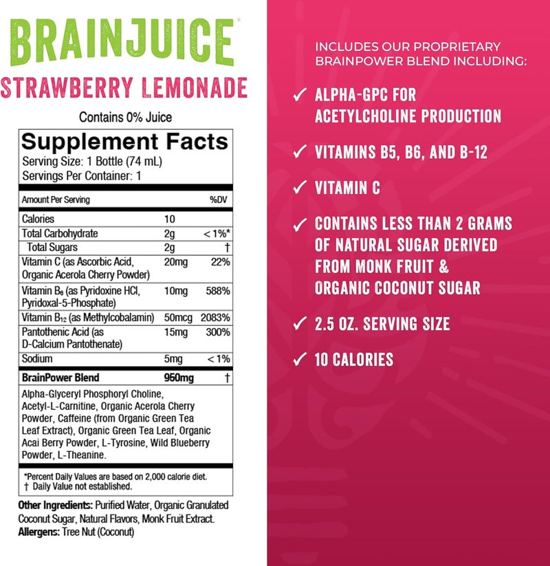 BrainJuice Energy  Focus Shot Gluten Free Supplement Healthy Drinks with Alpha GPC Vitamin B  Organic Green Tea Extract Caffeine Strawberry Lemonade 25 fl oz 12 Pack - Image 4