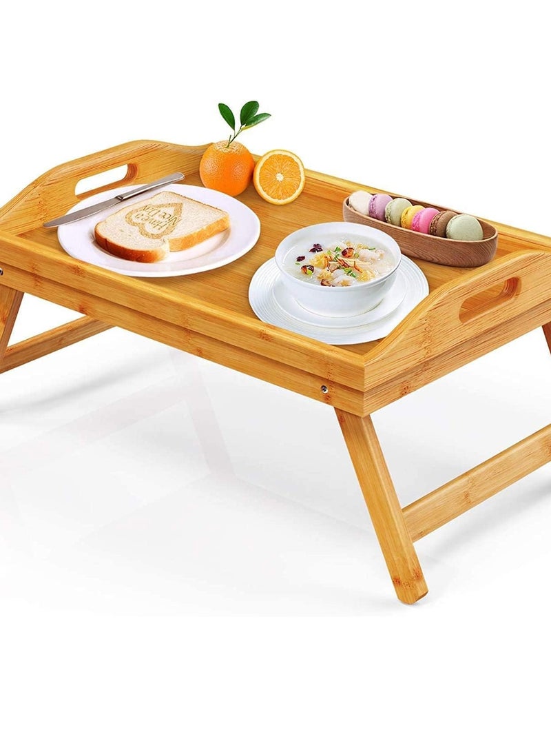 Rwnq Bamboo Wood Folding Multi-functional Bed Tray for Coffee & Breakfast  Portable Laptop Desk for Study & Work  Ideal for Serving Food in Bed & Garden Modern Design with Foldable Legs for Space Saving  High Quality & Durable for Daily Use  Natural Wood Color - Image 2