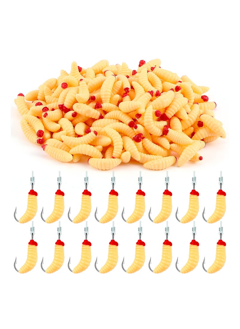 SYOSI Fake Fishing ait, 200 Pcs Soft Maggot Baits Fake Worms for Fishing Bass Fishing Lures for Freshwater Artificial Wax Worms Gross Plastic Worms, for Freshwater Saltwater Lake Trout Ice Fishing  - Image 1