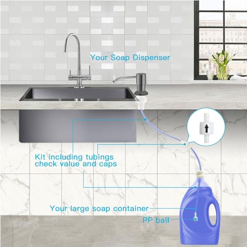 OHiHi Dish Soap Dispenser for Kitchen Sink, Countertop Sink Soap Dispenser Water Pump with 47” No-Spill Extension Tube Kit Design for Kitchen Bathroom, No More Refills （Gray） - Image 3