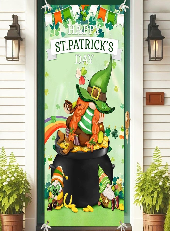 Yoirrat St Patrick's Day Door Cover Decorations Happy St. Patrick's Day Door Banner Saint Patricks Gnome Green Shamrock Banner Porch Sign Front Door Banner for St. Patricks Day Party Home Supplies 73x36inch - Image 1